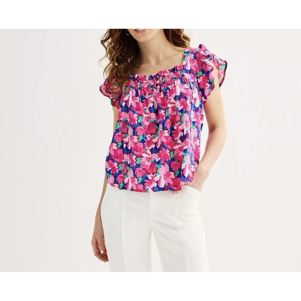 Draper James RSVP Pink Floral Smocked Flutter Sleeve Top XXL Fairy Cottagecore